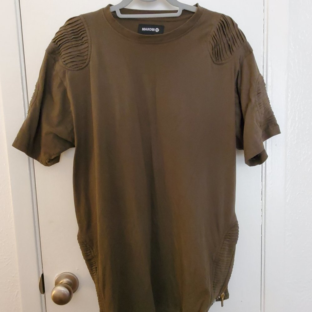 MAKOBI Fashion Pleated Zipper Design Tee Shirt Men Gray Green 100% Cotton XL